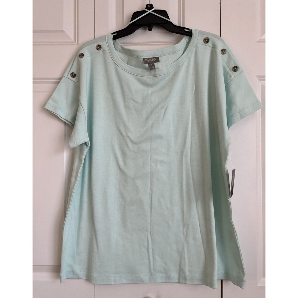 Style & Co Women's Pullover Knit Top Aqua Blue Short Sleeves Button Trim Plus Sz